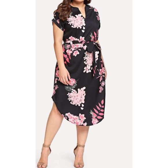 PLUS SIZE SELF TIE WAIST CURVED HEM DRESS - Picture 4 of 5